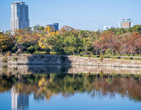 Grand and beautiful world famous Osaka castle in autumn with blue sky, Japan, close upのeditorial素材