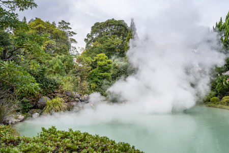 Shiraike Jigoku (White pond Hell) pond in autumn, which is one of the famous natural hot springs...