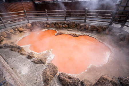 Kamado Jigoku (Cooker Hell) pond in autumn, which is one of the famous natural hot springs viewpoint, representing the various hells in Beppuのeditorial素材