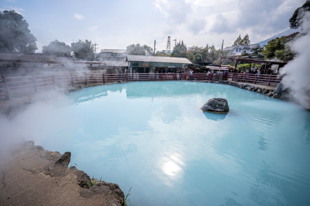 Beppu, Oita, Japan, November 8, 2018: Kamado Jigoku (Cooker Hell) pond in autumn, which is one of the famous natural hot springs viewpoint, representing the various hells in Beppuのeditorial素材