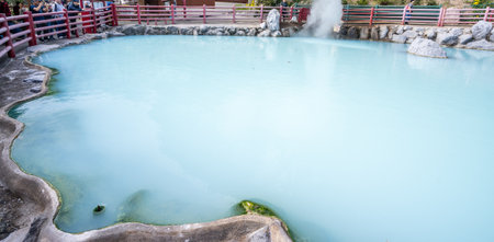 Beppu, Oita, Japan, November 8, 2018: Kamado Jigoku (Cooker Hell) pond in autumn, which is one of the famous natural hot springs viewpoint, representing the various hells in Beppuのeditorial素材