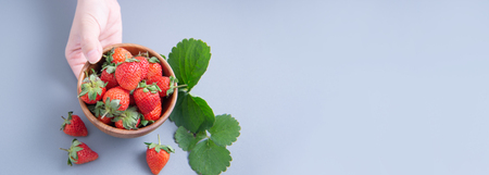 A young woman is holding a bowl of strawberries isolated on a airy blue background, closeup, topview, copyspace.の写真素材
