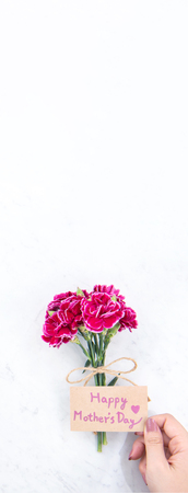 May mothers day idea concept photography - Beautiful blooming carnations tied by rope kraft bow holding in woman's hand isolated on bright modern table, copy space, flat lay, top viewの写真素材