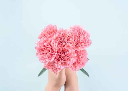 Woman giving bunch of elegance blooming baby pink color tender carnations isolated on pale blue background, mothers day decor design concept, top view, close up, copy spaceの写真素材