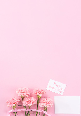 Top view, flay lay, copy space, close up, mock up, mothers day thanks design concept. Beautiful fresh blooming baby pink color carnations isolated on bright pink backgroundの写真素材