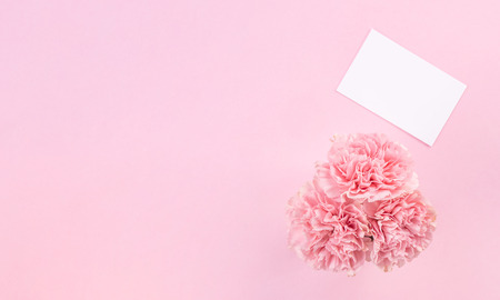 Top view, flat lay, mock up, copy space, handwritten greeting card template isolated with pale pink background, idea concept of thanks, wishes, craft carnations bouquetの写真素材