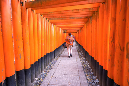 Kyoto, Japan - March. 22, 2019: Awesome and beautiful Senbon Torii in Fushimi Inari Taisha shrine temple, travel image in springtimeのeditorial素材