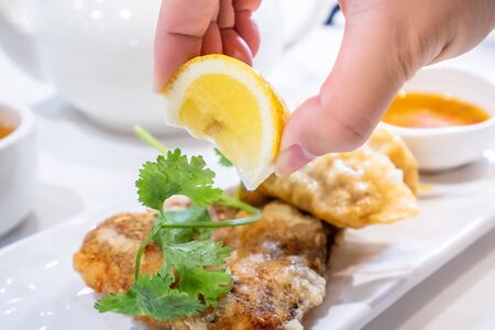 Delicious dim sum, famous cantonese food in asia - Fried fish and dumplings with lemon, sauce and tea in hong kong yumcha restaurant, close upの写真素材