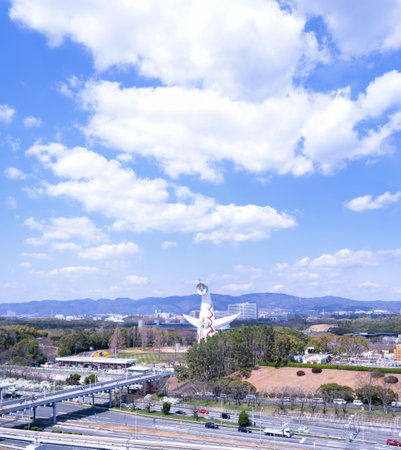 Osaka, Japan - March. 26, 2019: Aerial view of Tower of the Sun, Taiyo No To, Expo '70 in Suita Expo Commemoration Park Bampaku surrounding roadのeditorial素材
