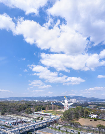 Osaka, Japan - March. 26, 2019: Aerial view of Tower of the Sun, Taiyo No To, Expo '70 in Suita Expo Commemoration Park Bampaku surrounding roadのeditorial素材