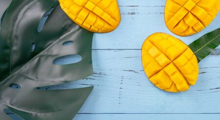 Fresh chopped mango with green leaves on bright blue timber background. Tropical fruit design concept. Flat lay. Top view.の写真素材