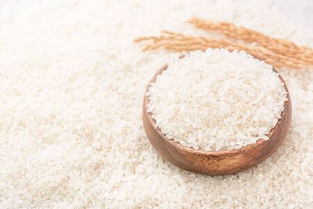 Raw white polished milled edible rice crop on white background in brown bowl, organic agriculture design concept. Staple food of Asia, close up.の写真素材