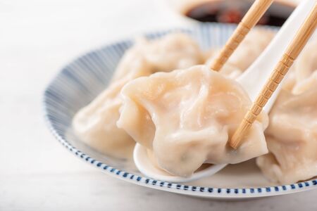Fresh, delicious boiled pork, shrimp gyoza dumplings on white background with soy sauce and chopsticks, close up, lifestyle. Homemade design concept.の写真素材