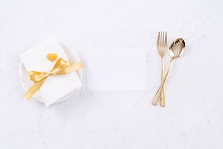 Valentine's Day design concept - Romantic plate dish set for restaurant holiday celebration meal promo for couple and lover dating, top view, flat layの写真素材