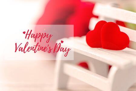 Valentine's Day holiday greeting card, promotion sale design concept with red text, heart shape decoration for happy love, bokeh background, close up.