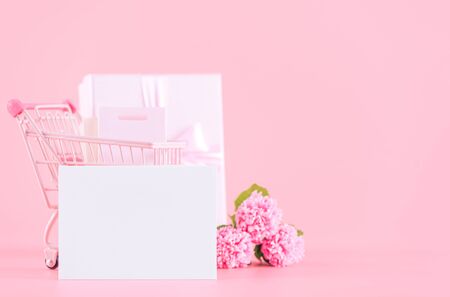 Mother's Day, Valentine's Day holiday gift design concept, pink carnation flower bouquet with wrapped box isolated on light pink background, copy space.の写真素材
