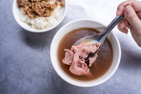 Beef soup - famous food in Taiwan, Asia, Asian Taiwanese street delicacy cuisine, close up,...