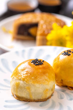 Tasty baked egg yolk pastry moon cake for Mid-Autumn Festival on bright cement table background....