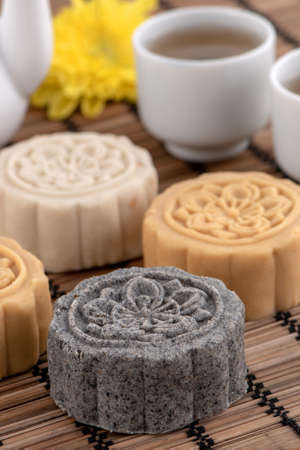 Colorful beautiful moon cake, mung bean cake for Mid-Autumn festival traditional gourmet dessertの写真素材