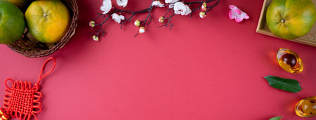 Top view of fresh ripe tangerine mandarin orange with fresh leaves on red table background for Chinese lunar new year fruit concept, the Chinese word means spring.の写真素材