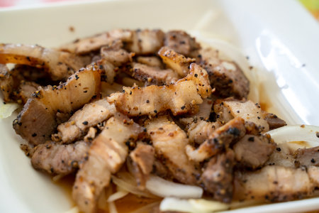 Close up of delicious Taiwanese salted pork food with onion in restaurant.の写真素材