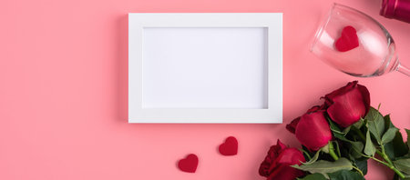 Valentine's Day memory with blank picture frame on pink background design conceptの写真素材