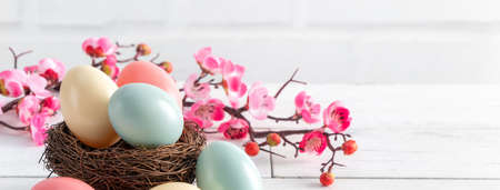 Close up of colorful Easter eggs in the nest with pink plum flower on bright white wooden table...