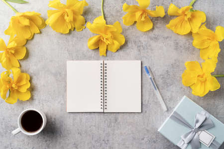 Concept of Mother's day holiday gift idea greeting design with yellow tulip flower bouquet on gray...