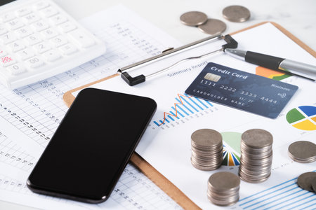 Design concept of annual summary analysis review report with calculator, paying with electronic...