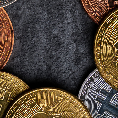 Top view business concept of bitcoin cryptocurrency money on dark black slate table background.の写真素材