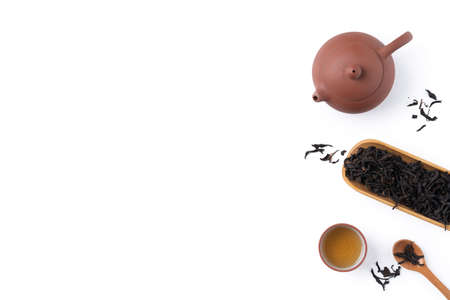 Top view of fresh black tea with kettle teapot and leaves in Taiwan, Asian culture design concept layout.の写真素材