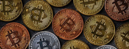 Top view business concept of bitcoin cryptocurrency money on dark black slate table background.の写真素材