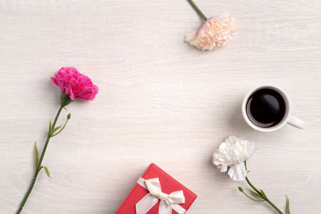Mother's Day design concept. Top view of beautiful carnation flower and holiday gift idea with copy space.の写真素材