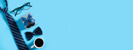 Father's day background design concept. Top view of color paper decoration layout ideas with gift box on blue table background with copy space.の写真素材