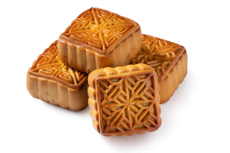 Delicious moon cake mooncake pastry for Mid-Autumn Festival food isolated on white table background.