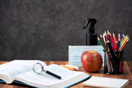 Back to school student design concept, close up of stationery over wooden table background with copy...