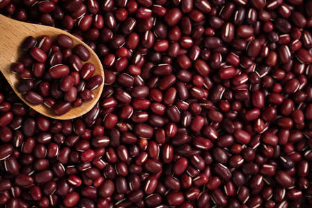 Top view of raw adzuki red bean as background with spoon.の写真素材