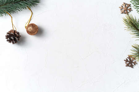 Top view of Christmas decorations background on white table background with copy space, concept of holiday celebration.の写真素材