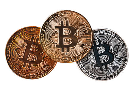 Top view business concept of bitcoin cryptocurrency money isolated on white background.の写真素材