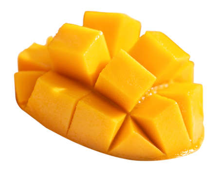 Close up of beautiful delicious ripe mango isolated on white table background.の写真素材