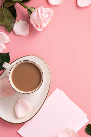 Valentine's Day design concept background with pink rose flower and milk tea on pink table background.の写真素材