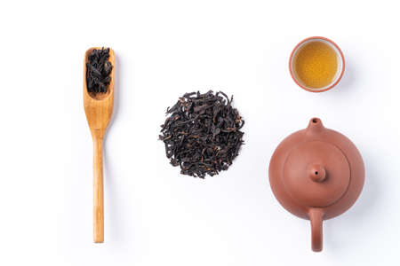 Top view of fresh black tea with kettle teapot and leaves in Taiwan, Asian culture design concept...