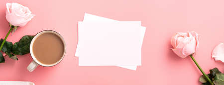 Mother's Day design concept background with pink rose flower and milk tea on pink table background.の写真素材