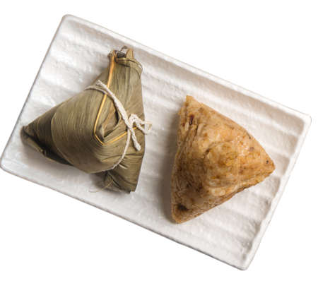 Zongzi, rice dumpling - Design concept of famous food in duanwu dragon boat festival with clipping path, cut out, isolated on white backgroundの写真素材