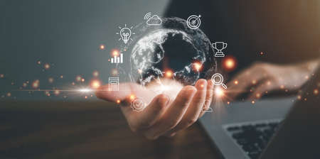 Concept of technology and business global internet connection application with laptop, metaverse...