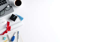 Top view of online learning and remote graduation ceremony commencement design concept with...