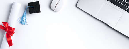 Top view of online learning and remote graduation ceremony commencement design concept with...