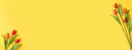 Mother's day background concept. Top view design of holiday greeting tulip flower bouquet on bright yellow table with copy space.の写真素材