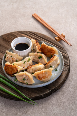 Taiwanese and Japanese Pan-fried gyoza dumpling jiaozi food in a plate with soy sauce on gray table background.の写真素材