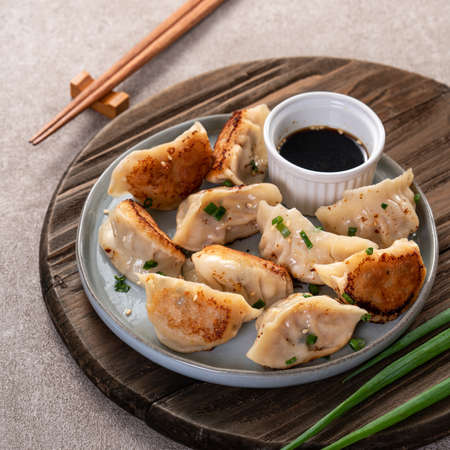 Taiwanese and Japanese Pan-fried gyoza dumpling jiaozi food in a plate with soy sauce on gray table background.の写真素材